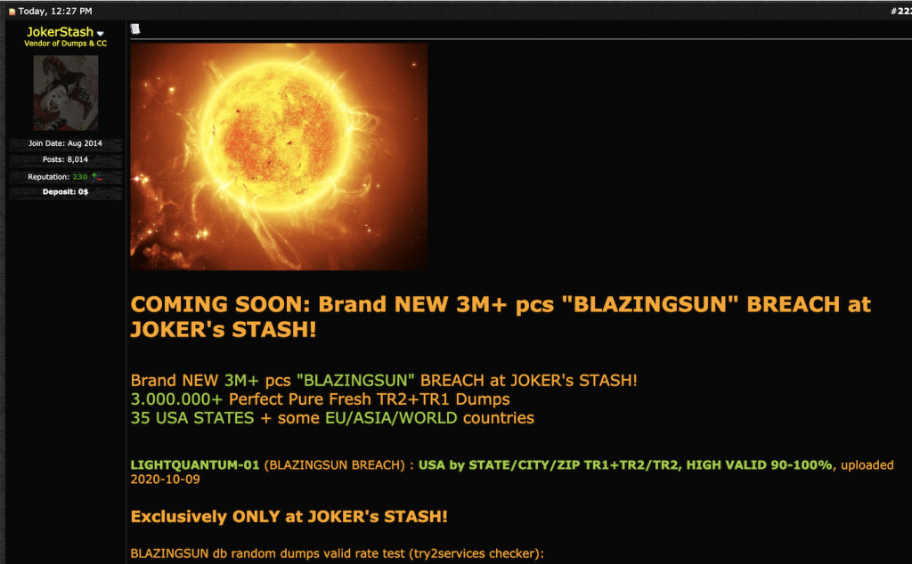 Screenshot of JokerStash advertising of the BLAZINGSUN breach