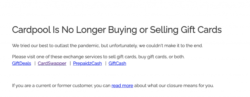 Cardpool is no longer buying or selling gift cards screenshot